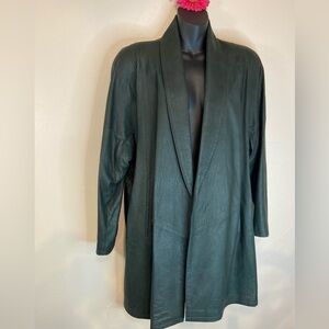 Remy~Rare Vintage Dark Green Leather Clutch Coat~Shawl Lapel~Fully Lined~Size XS